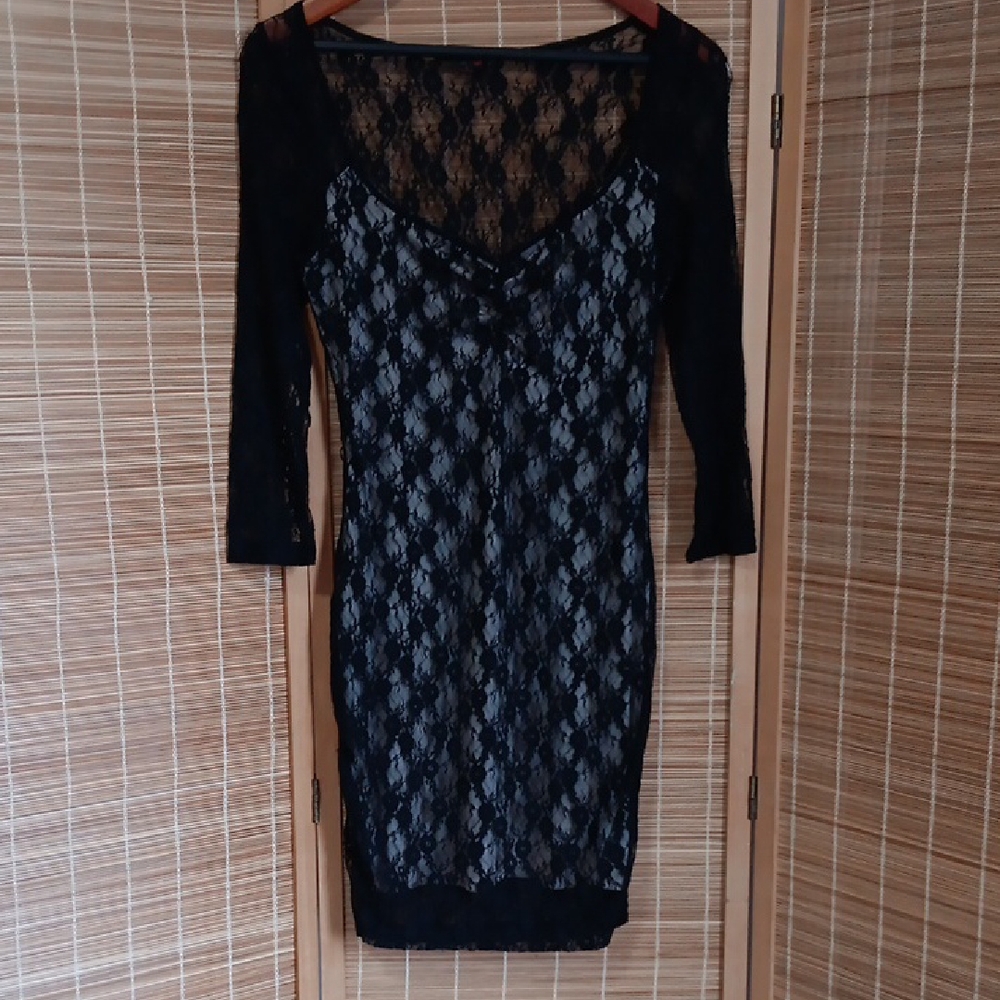 G by Guess Elegant Black Lace Long Sleeve Dress